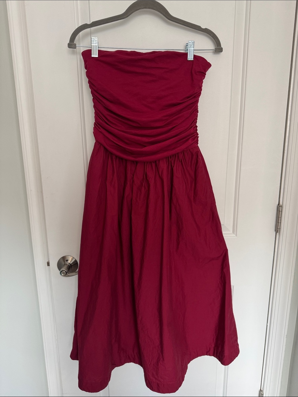 LOFT Strapless Ruched Bodice Midi Dress in Deep Berry